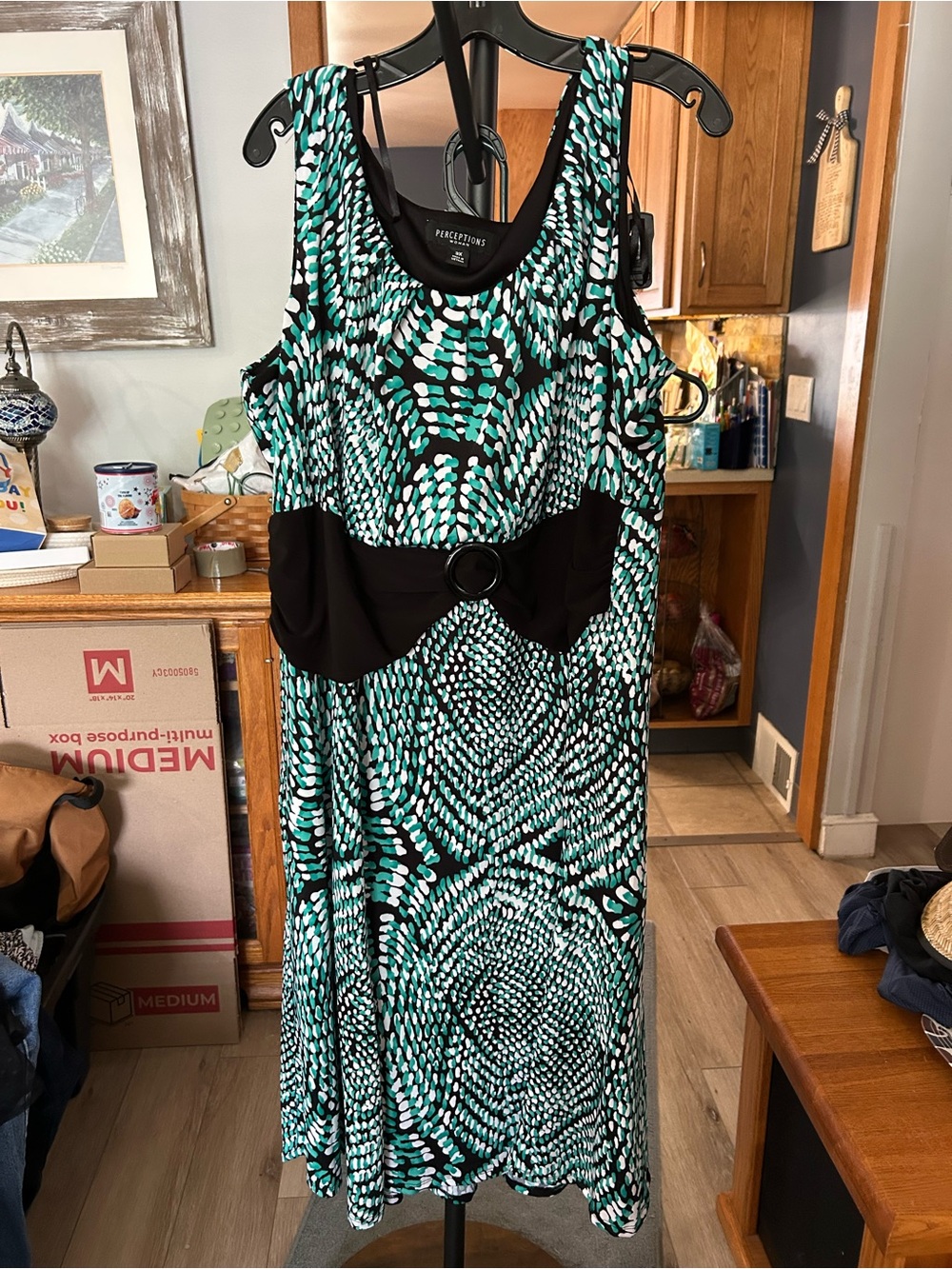 Perceptions Teal & Black Sleeveless Printed Maxi Dress with Belt